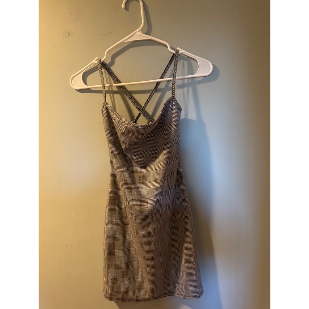 Plaid Spaghetti Strap‎ Mini Dress Crisscross Back Cowl Neck - Picture 5 of 13